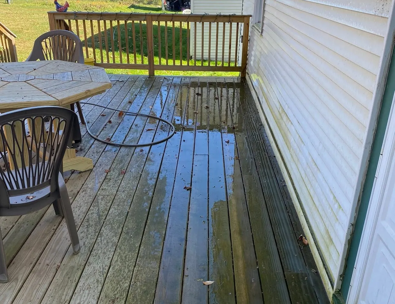 A wooden deck part-way through cleaning, wet and stripped of gray weathering