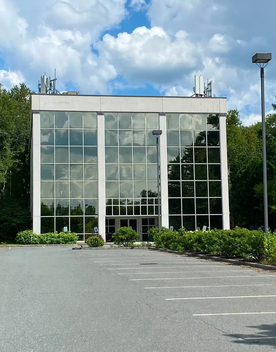 A multi-story glass office building
